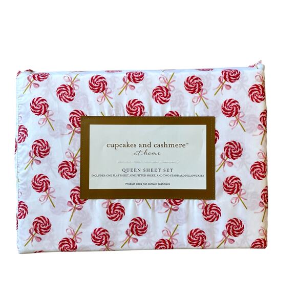 Cupcakes & Cashmere 4-Piece KING Sheet Set Holiday Peppermint Lollipops Bows NEW - Picture 1 of 10